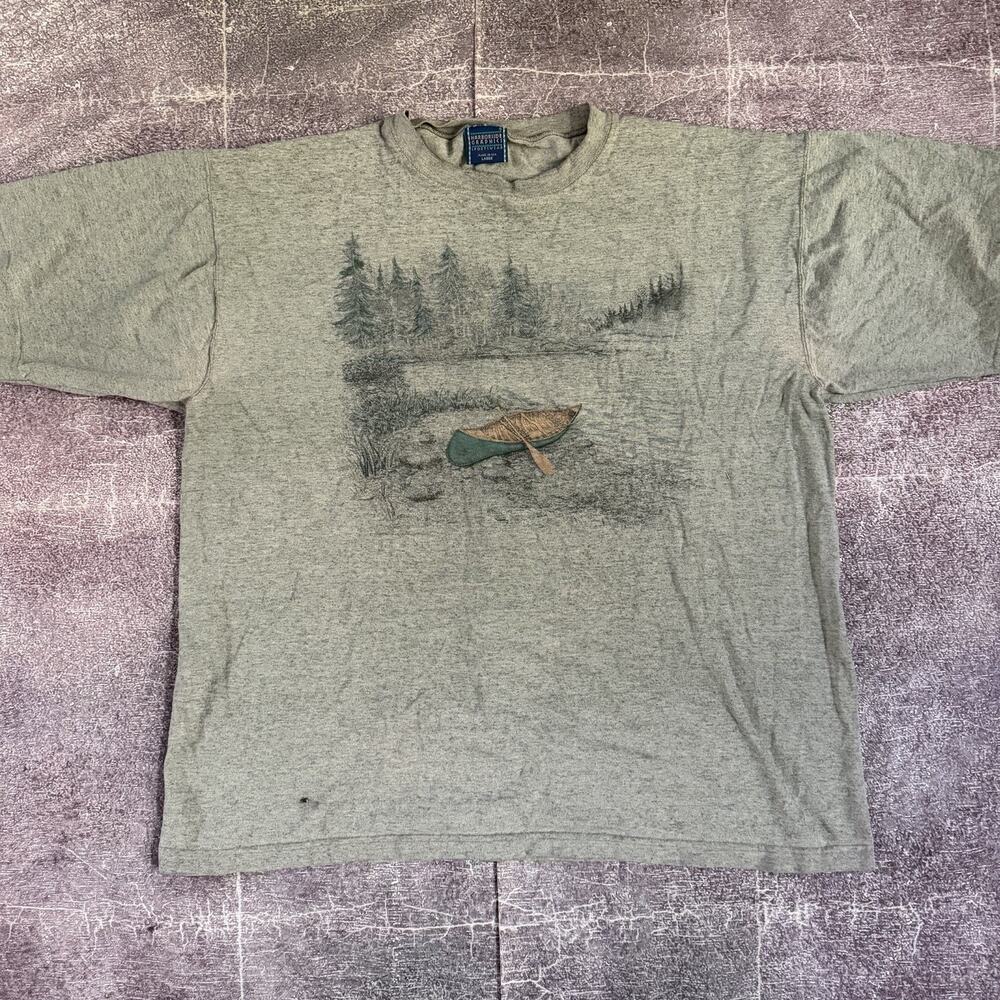 Men's Vintage 90's Harborside Nature Canoe Mountain Tree Gray T Shirt Tee Sz L